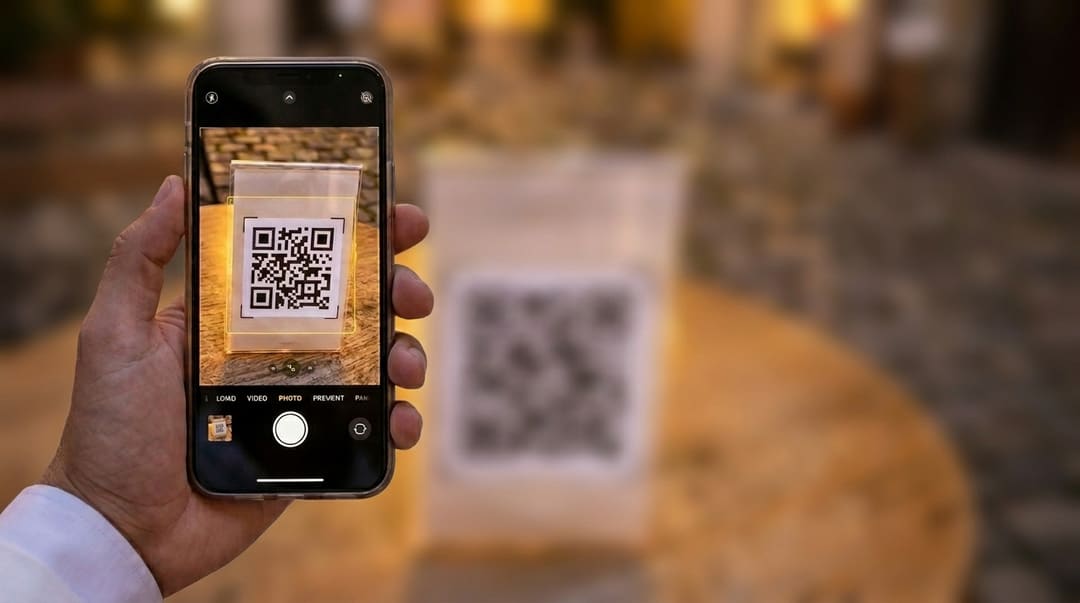 نمای نزدیک گوشی هنگام اسکن QR منوی دیجیتال